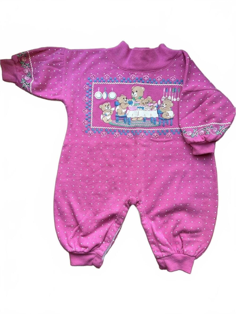 Vintage 90s Spumoni Baby Romper Teddy Bear Pink Fleece USA 18M One Piece